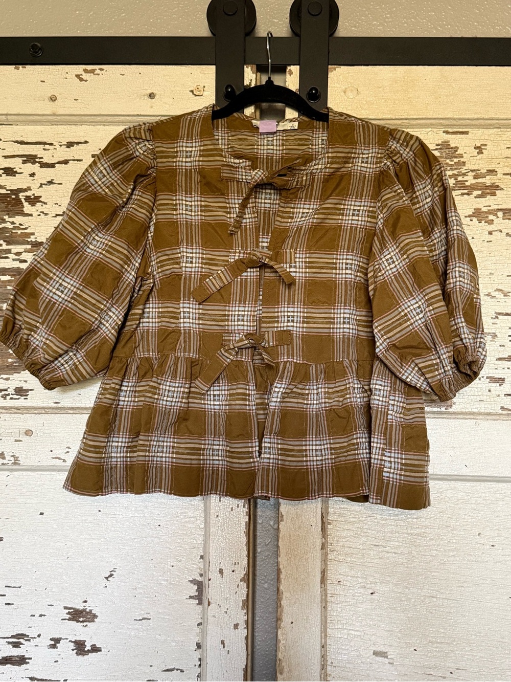 Plaid Bow Tie-Front Peasant Top in olive green plaid never worn
